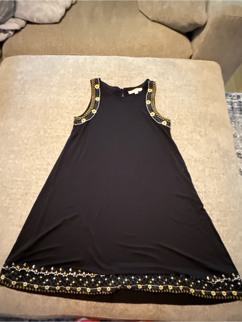 LOFT Black Embroidered Swing Dress Small Sleeveless Boho Keyhole Back